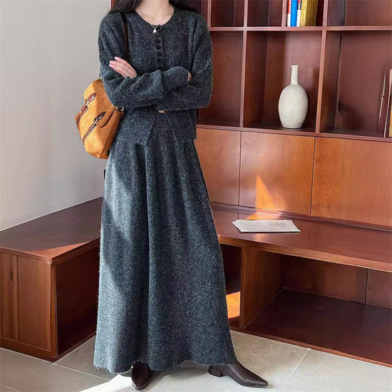 Round Neck Single-breasted Sweater Cardigan Skirt Two-piece Set