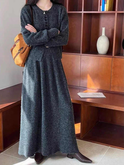 Round Neck Single-breasted Sweater Cardigan Skirt Two-piece Set