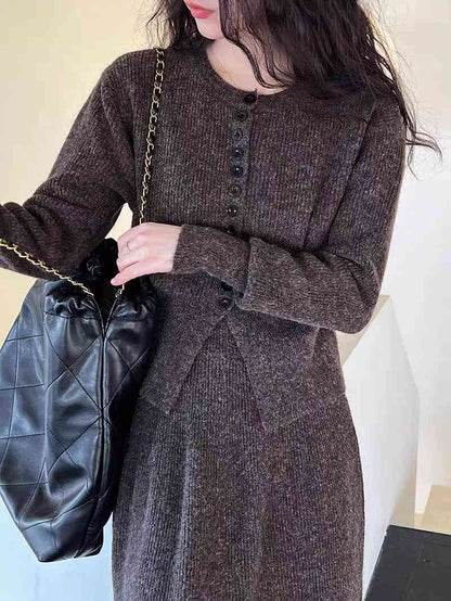 Round Neck Single-breasted Sweater Cardigan Skirt Two-piece Set