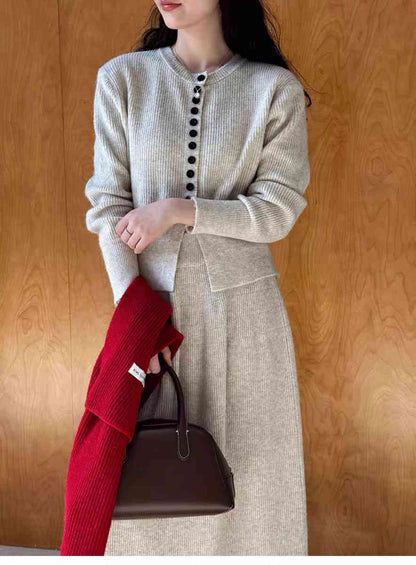 Round Neck Single-breasted Sweater Cardigan Skirt Two-piece Set